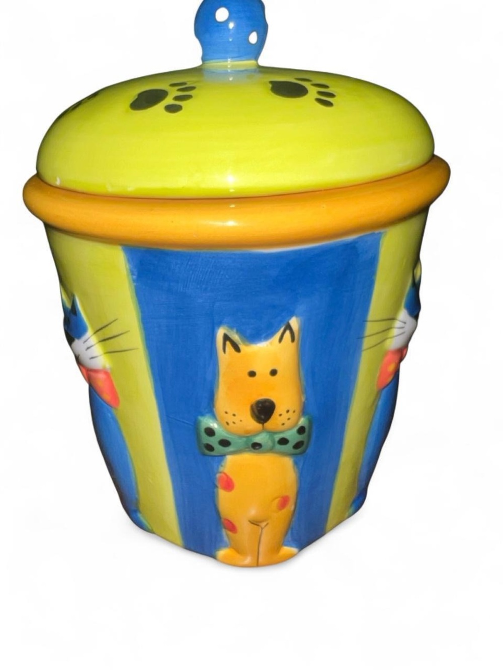 Ceramic Pet Treat Jar in Yellow & Blue with Playful Dog Motif